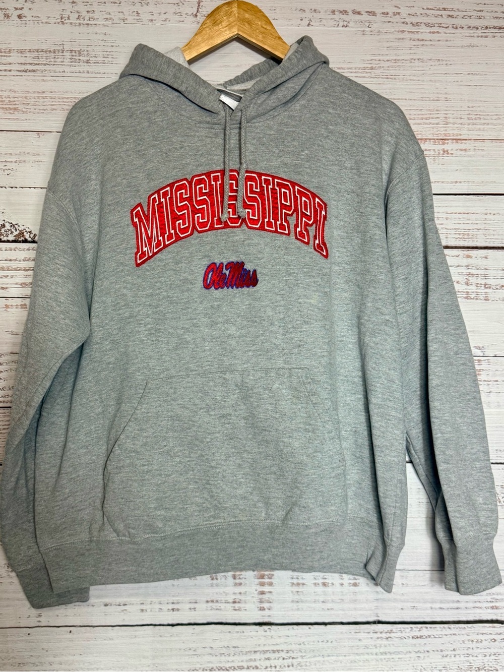 Gray Mississippi Ole Miss Pullover Hoodie with Red White Blue Embroidery Men’s L